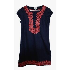 HIHO Dress Womens XS Blue Embroidered V-neck Pullover Vacation Island Linen